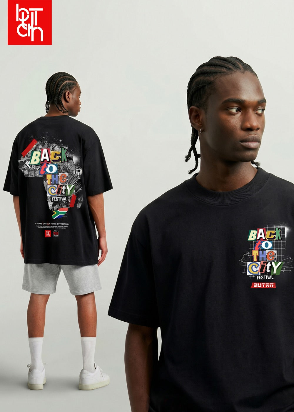 A model shown from the back and front wearing a black short-sleeve graphic T-shirt with a colorful 'Back to the City' print on the chest and a larger multicolor graphic on the back. The model is also wearing light gray shorts, white socks, and white sneakers against a light gray studio background.