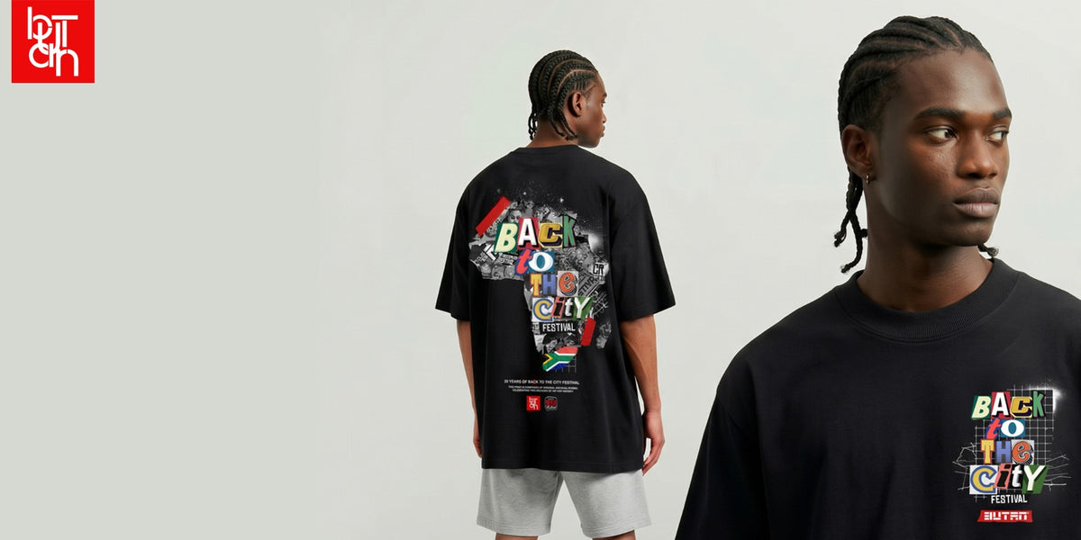 A model shown from the back wearing a black graphic t-shirt with a colorful collage print on the back, alongside a close-up of the front chest graphic on the right. The brand logo 'BRT CH' is visible in the top left corner.