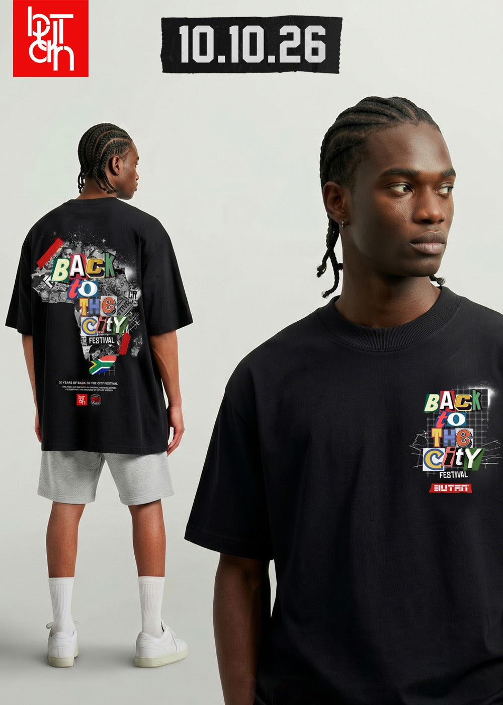 A model is shown wearing a black graphic t-shirt from both the front and back views. The shirt features a colorful 'Back to the City' graphic on the chest and a large matching graphic on the back.