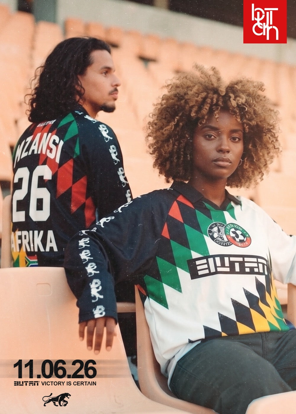 Two people wearing sports jerseys with geometric patterns and text, sitting on a bench.