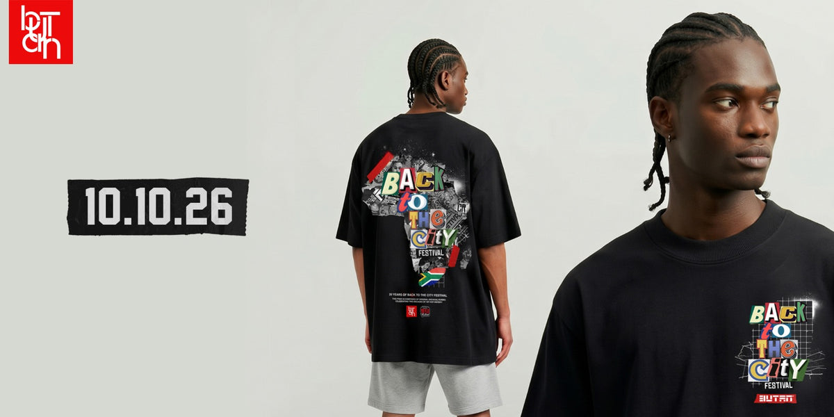 A model shown from the back wearing a black graphic t-shirt with a colorful 'Back to the City' design, alongside a close-up of the front chest graphic. The brand logo 'BIT ON' is visible in the top left corner, and a date overlay '10.