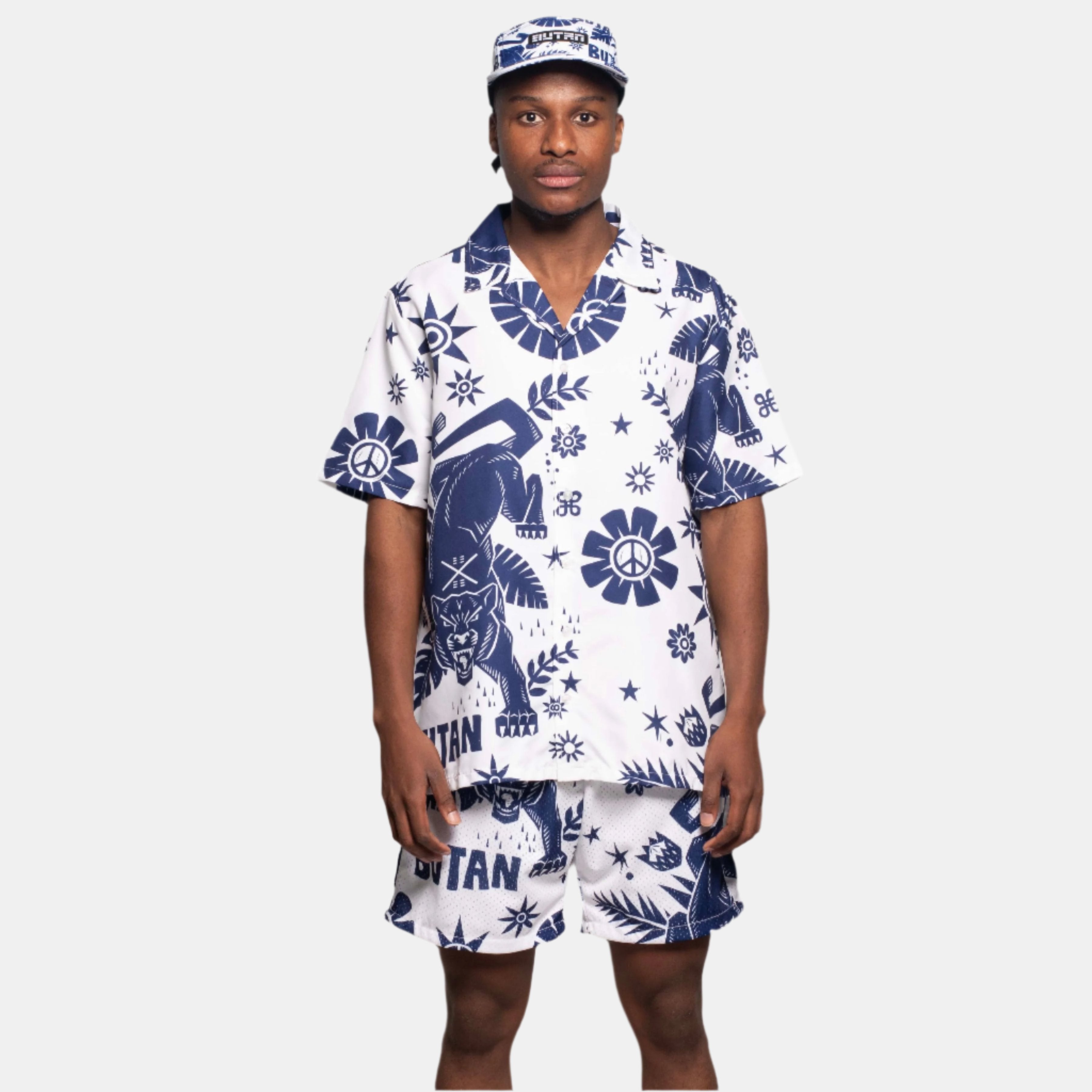 Jungle Cat | Short Sleeve Button Up Shirt | Navy