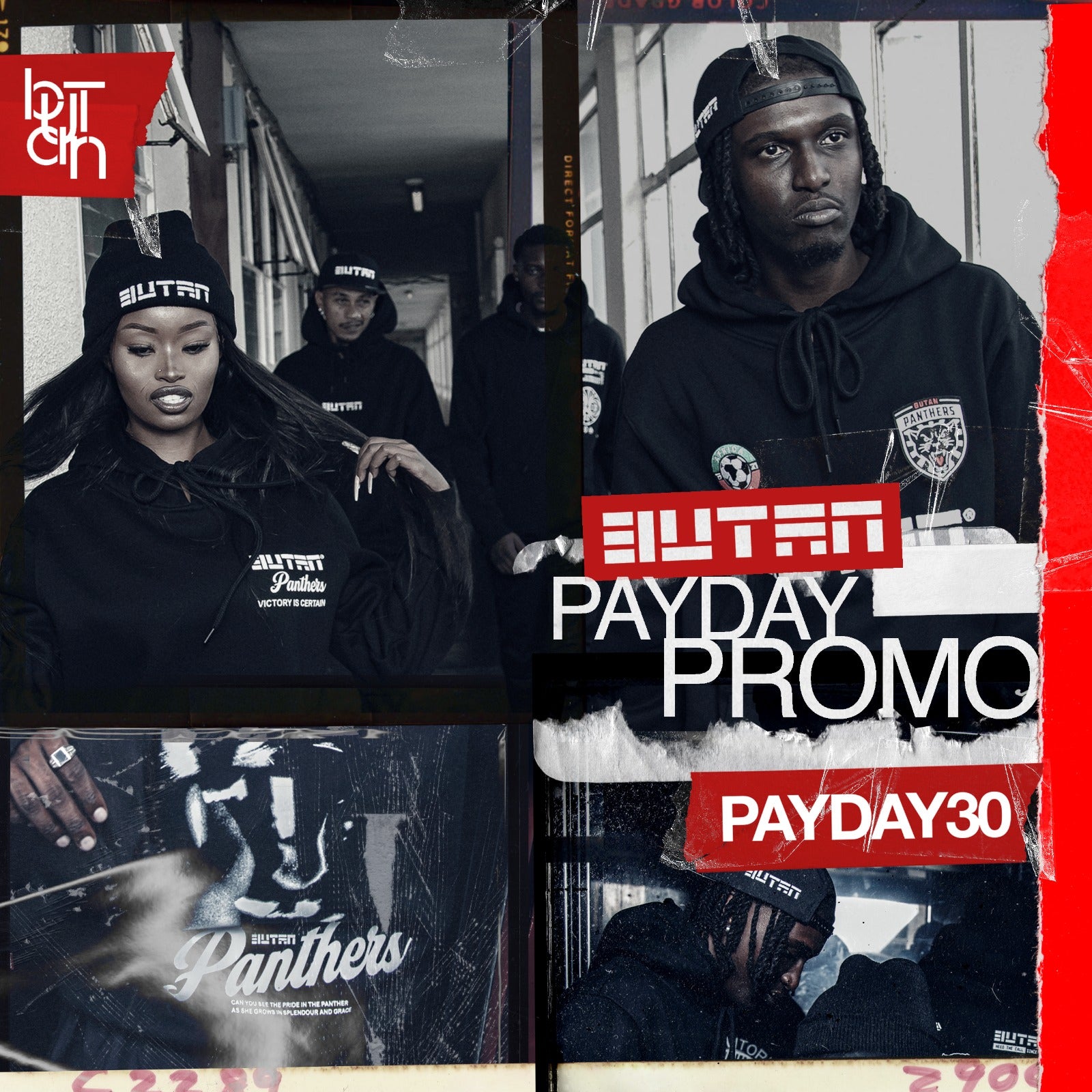 Promotional collage for a brand with text and images of people wearing branded clothing.