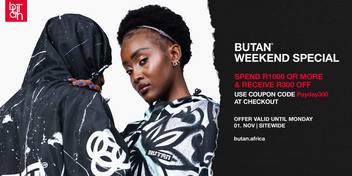 Promotional banner for Butan' Weekend Special featuring two models wearing patterned clothing against a split white and black background with promotional text.